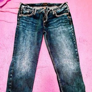 Silver Jeans size 32 waist blue in color with white on the legs & Tan stitching